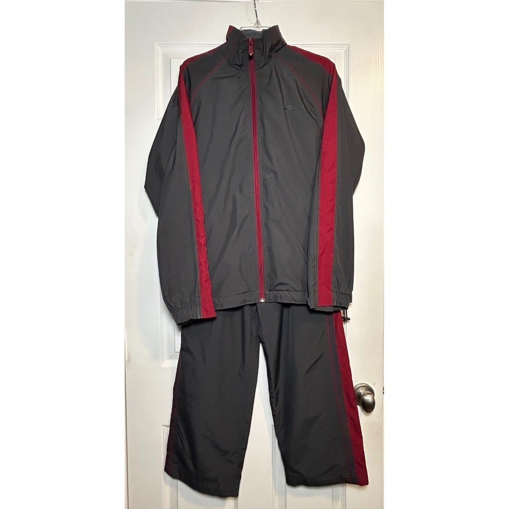 Nike Mens Tracksuit Set Grey Burgundy Full Zip Windbreaker Jacket Pants Medium